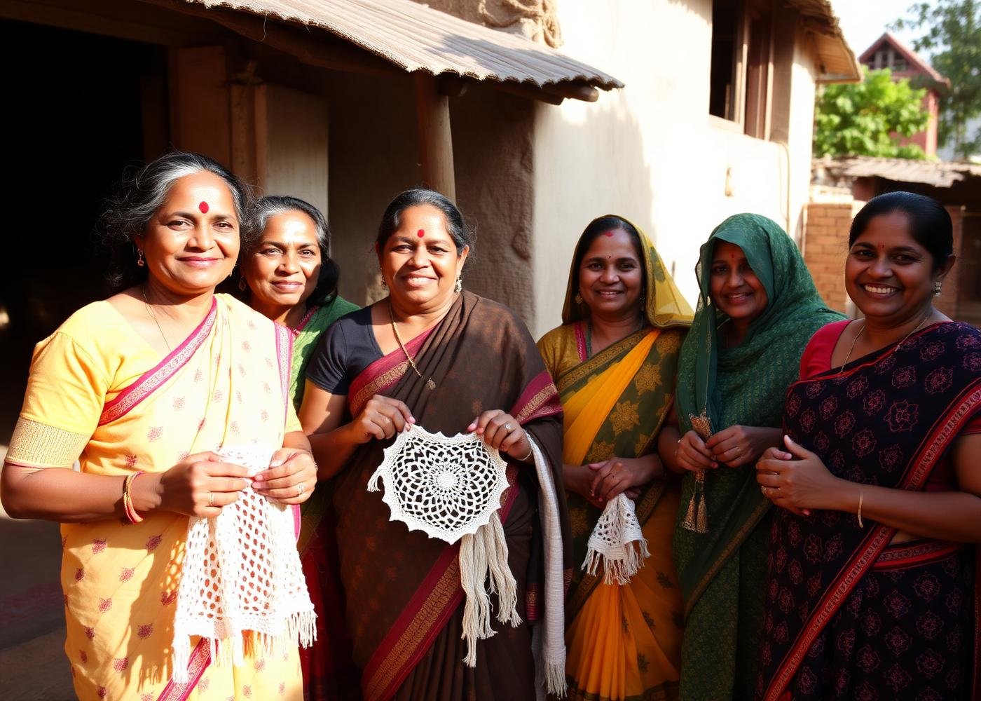 Women artisans from Gubbi holding handmade products outside their workshop